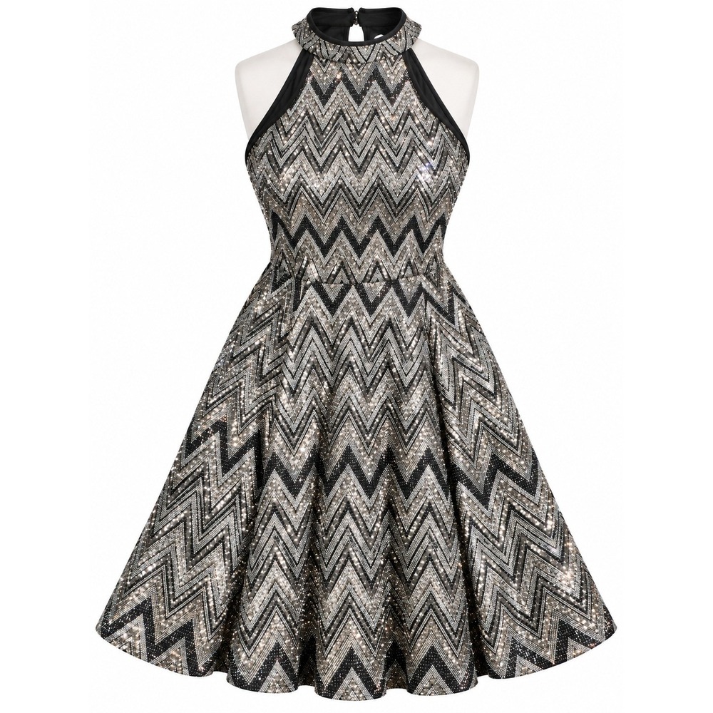 Emerald Sundae Silver Black Chevron Halter Fit and Flare Cocktail Dress Sz M